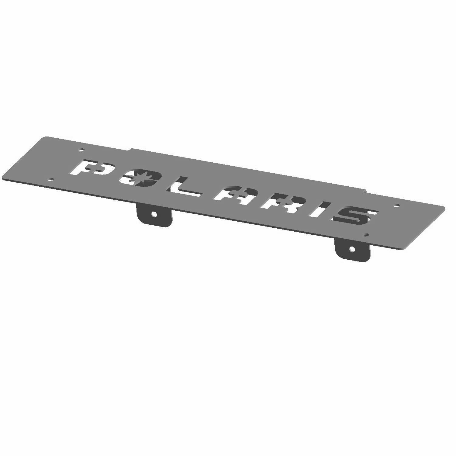 Black metal front license plate bracket with cutout Polaris logo and mounting tabs.