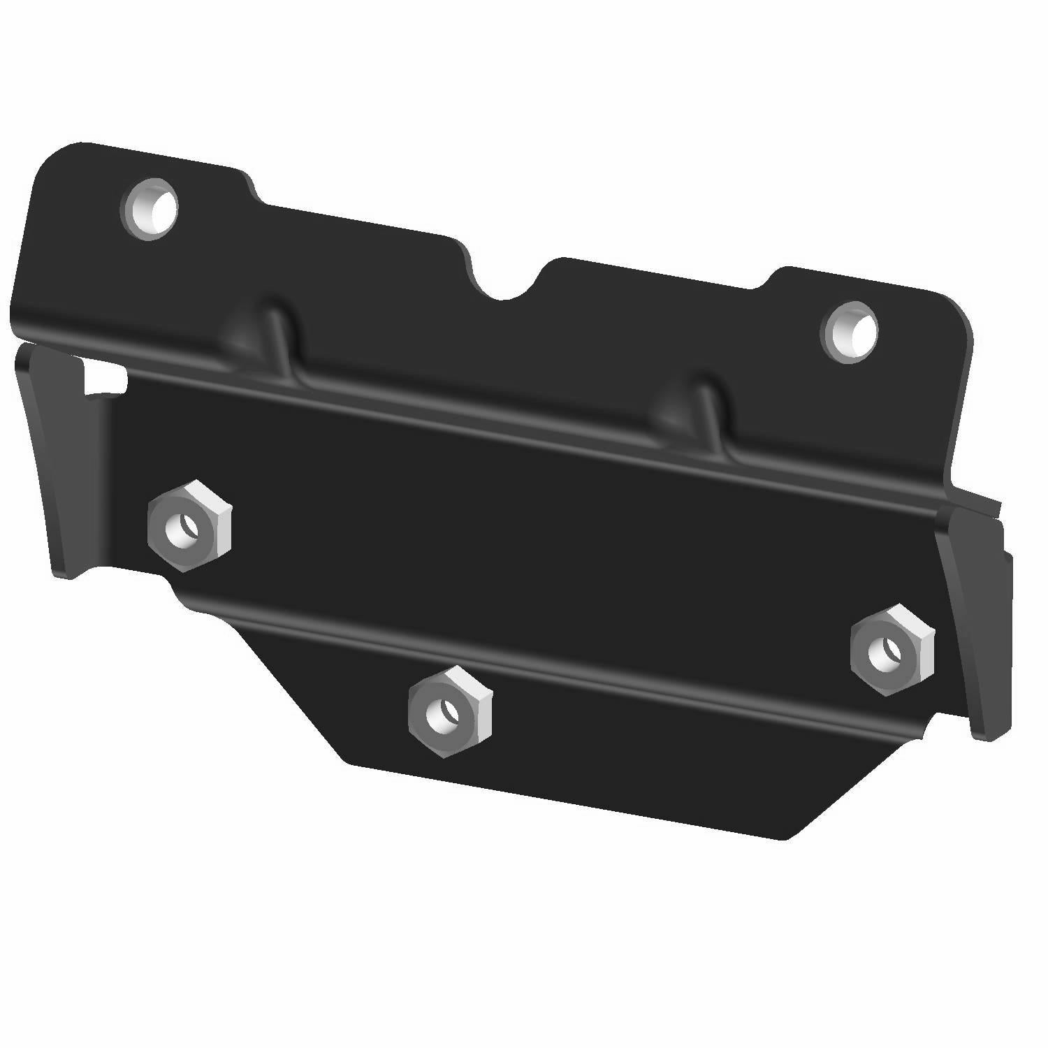 Black metal suspension backer bracket with three hex bolts and two mounting holes.