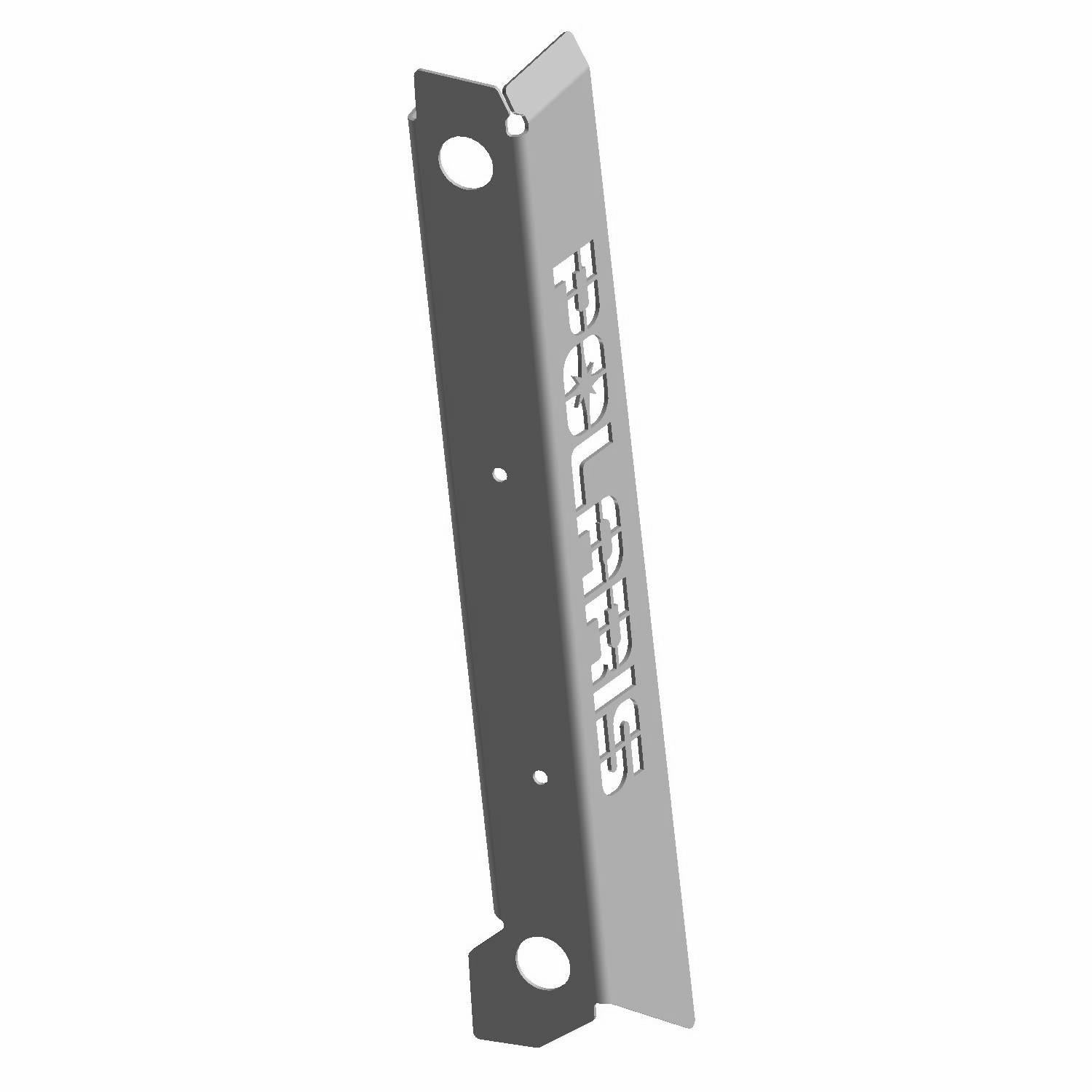 Black and silver metal front half door bracket trim with "POLARIS" cutout lettering, left side.