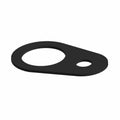 Black flat shim with one large circular hole and one smaller circular hole, 1 mm thick.