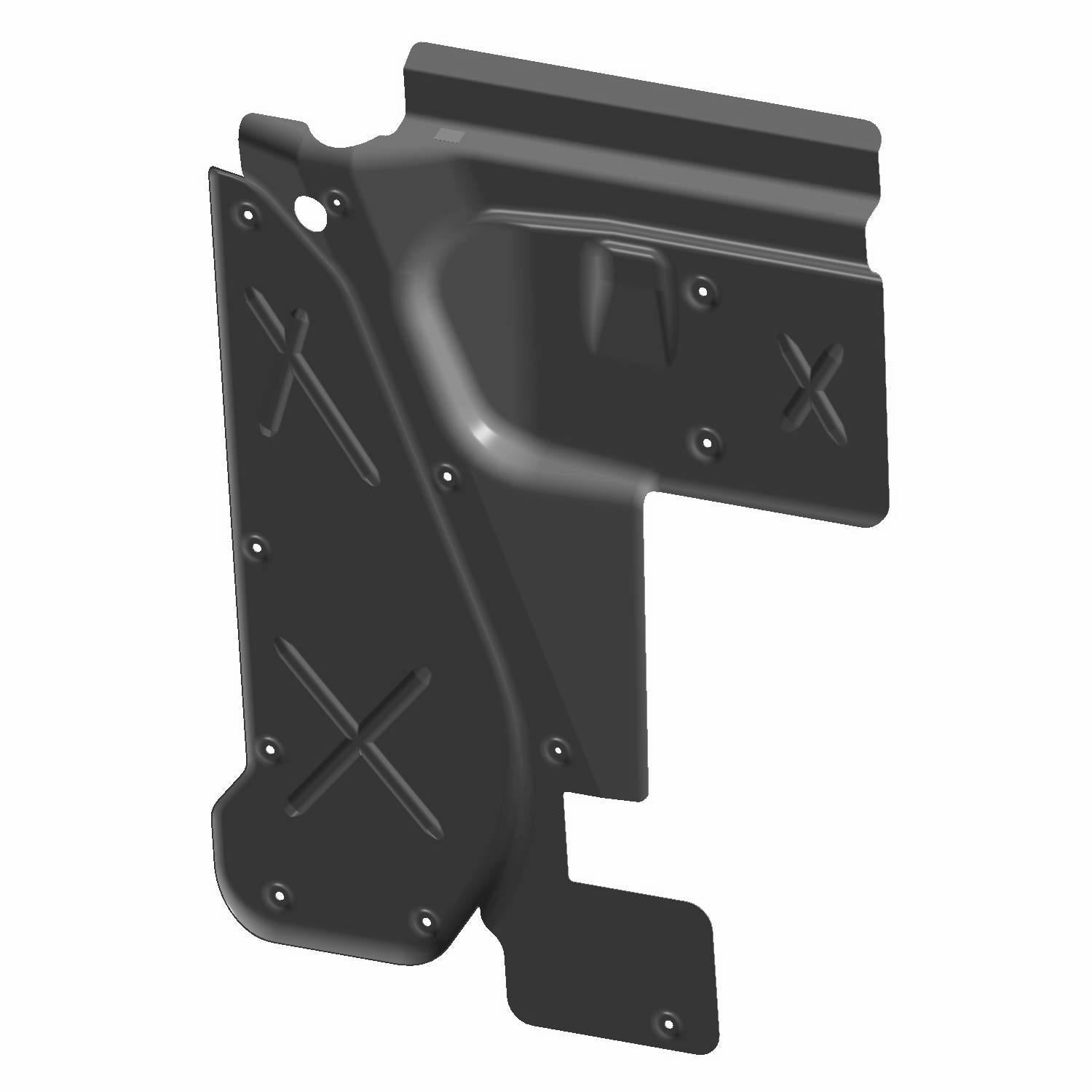 Black molded plastic cargo box shield with textured surface and mounting holes.