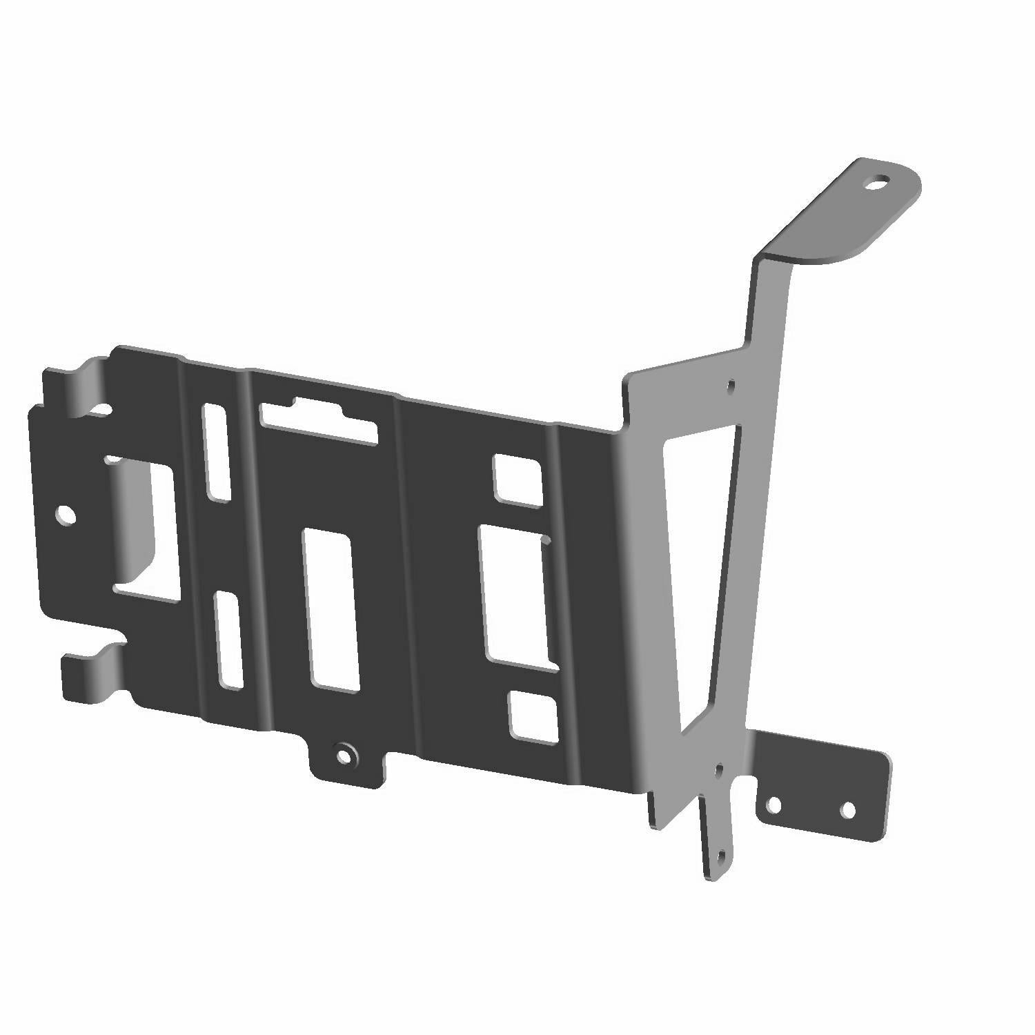 Black metal battery tray bracket with multiple mounting points and cutouts for Polaris UTVs.