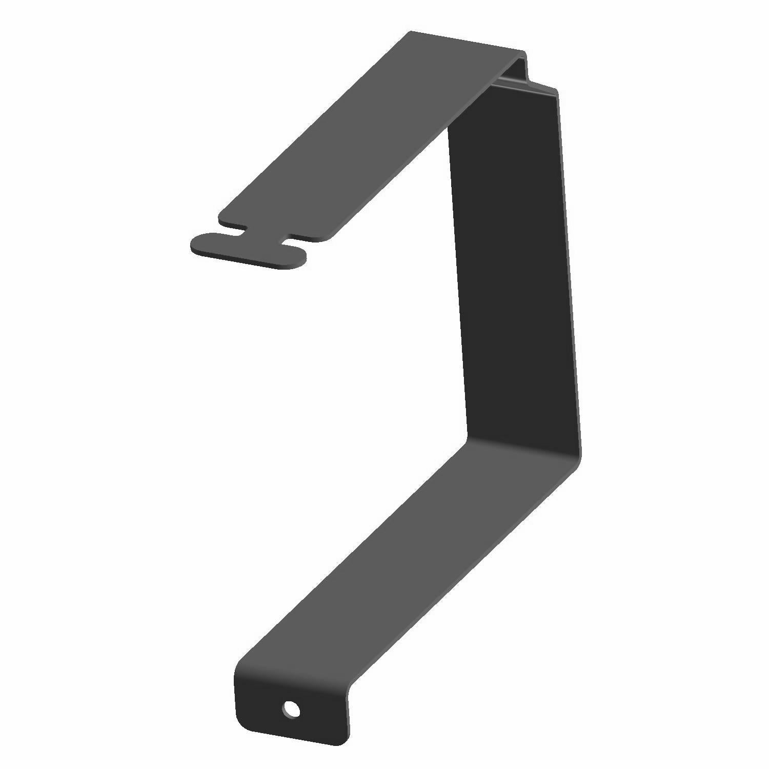 Black metal battery strap bracket with an angled design and mounting holes on each end.