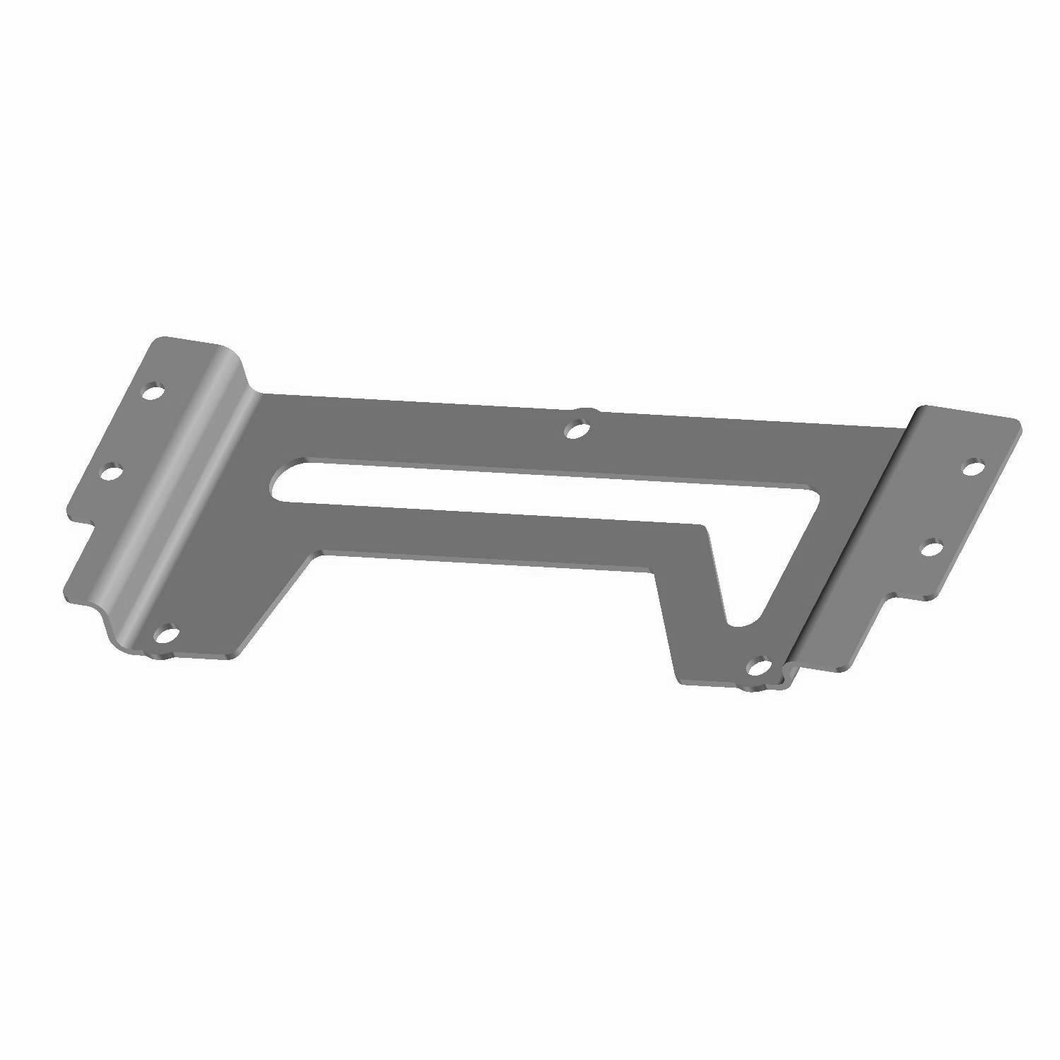 Gray metal display mount bracket with seven attachment holes and angled edges.