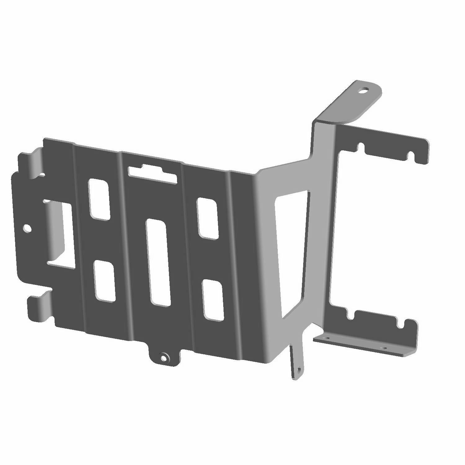 Black metal battery tray bracket with multiple mounting slots and reinforced edges.