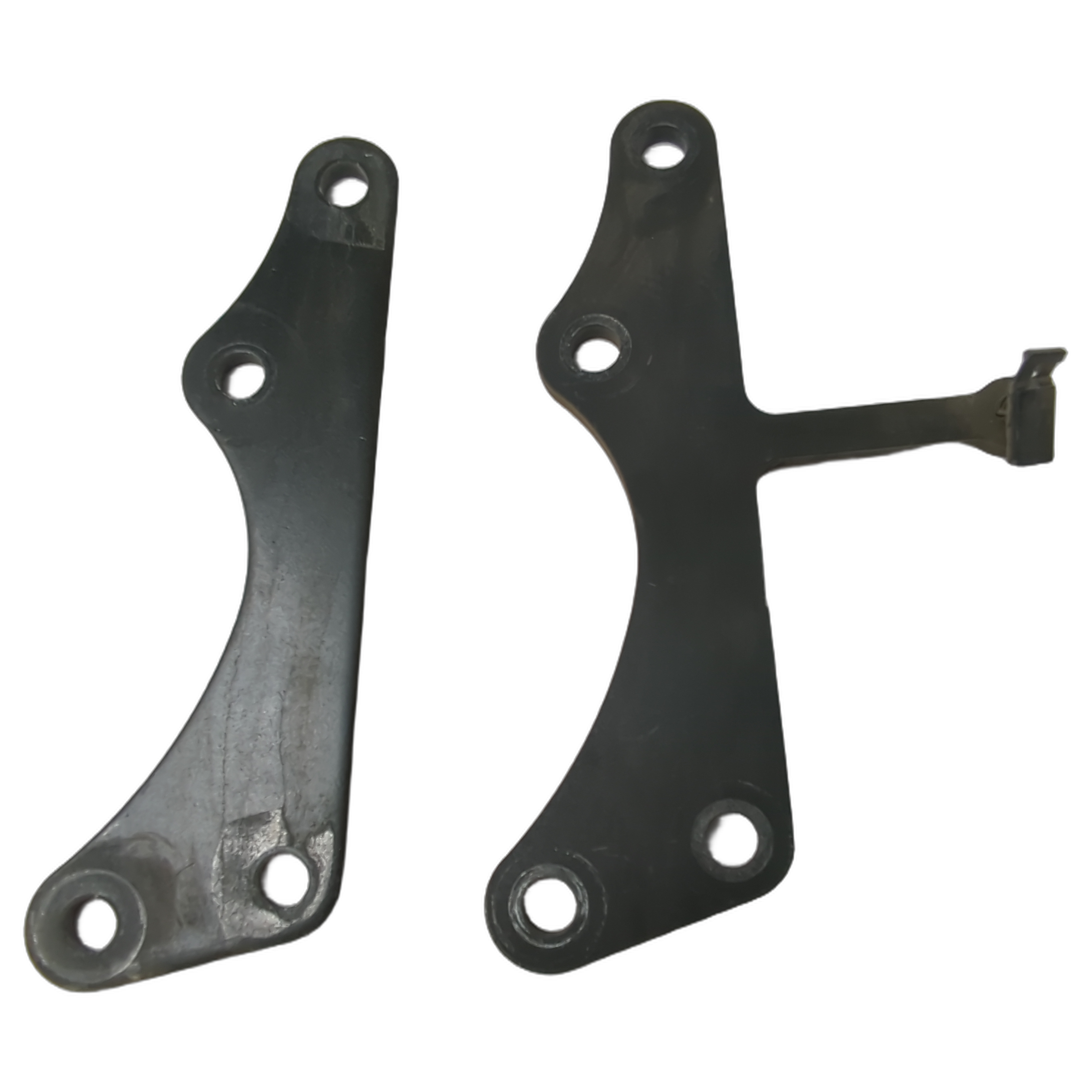 Black metal swingarm gusset plates with multiple mounting holes and one plate featuring an extended tab.
