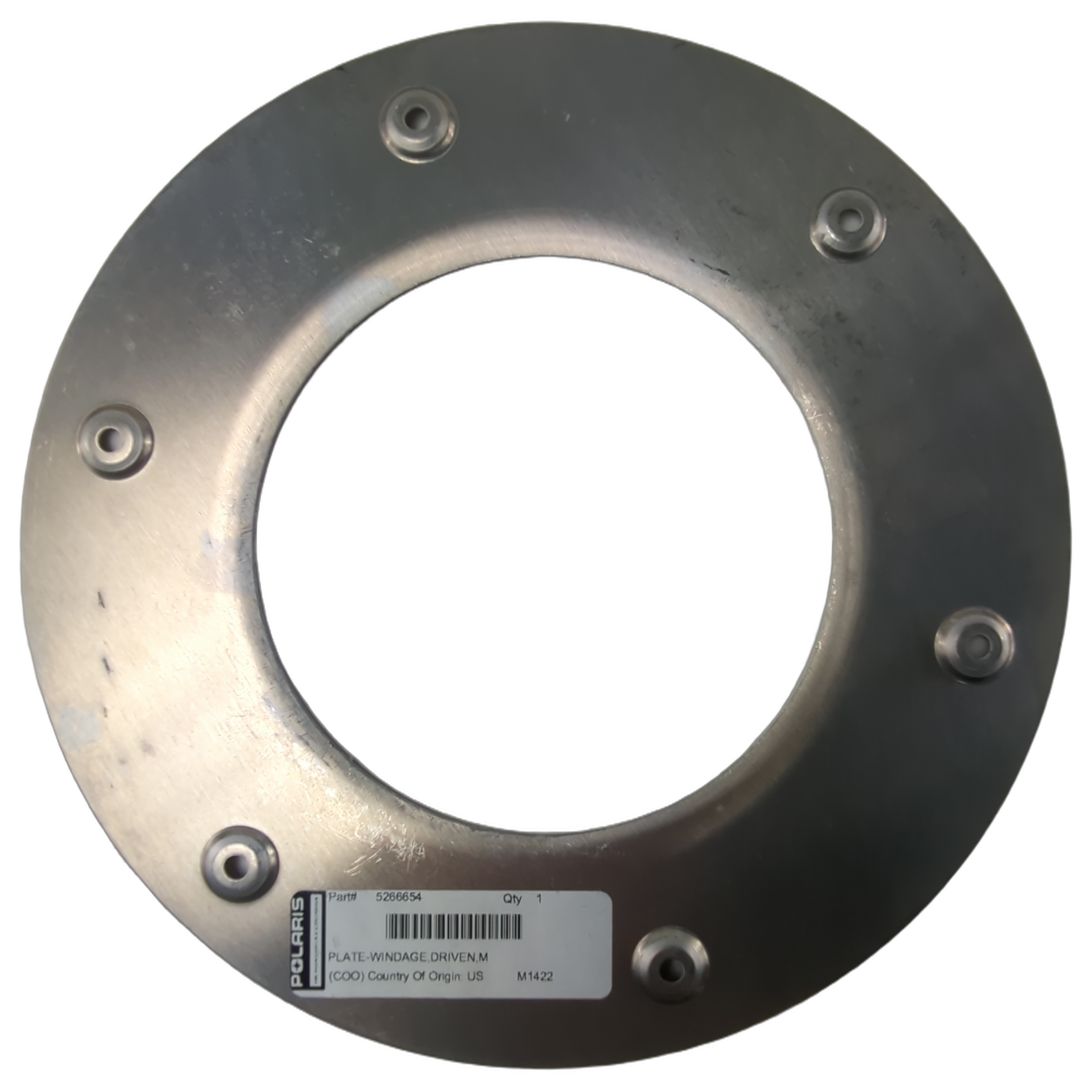 Round metallic windage plate with eight evenly spaced bolts and a barcode label on the edge.