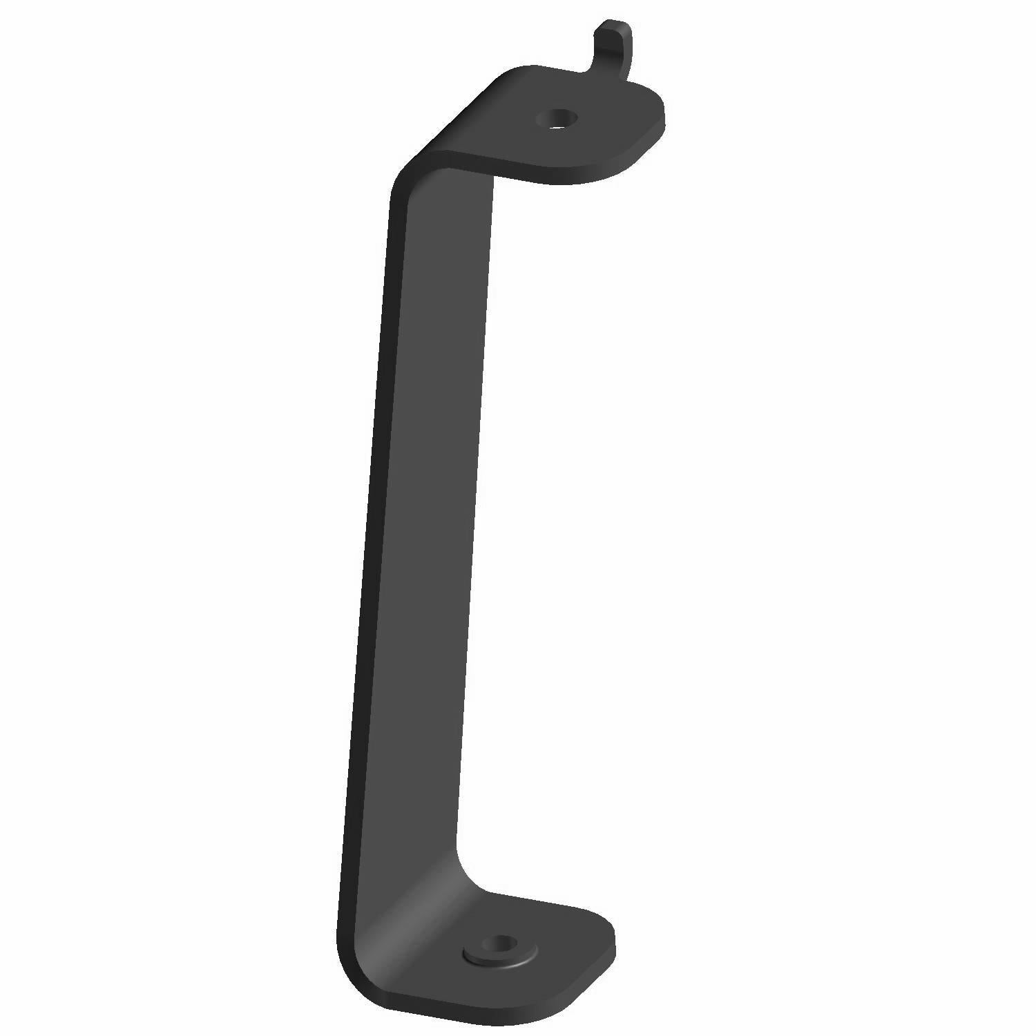 Black metal rear lower bumper bracket with mounting holes on each end, angled design.