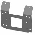 Gray metal mounting bracket with rectangular cutout and multiple screw holes.