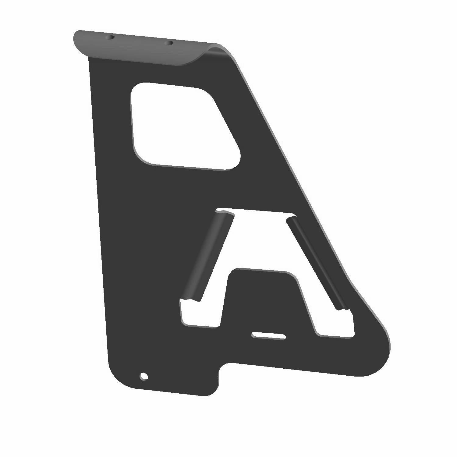 Black metal canister mount bracket with angular cutouts and multiple mounting holes.