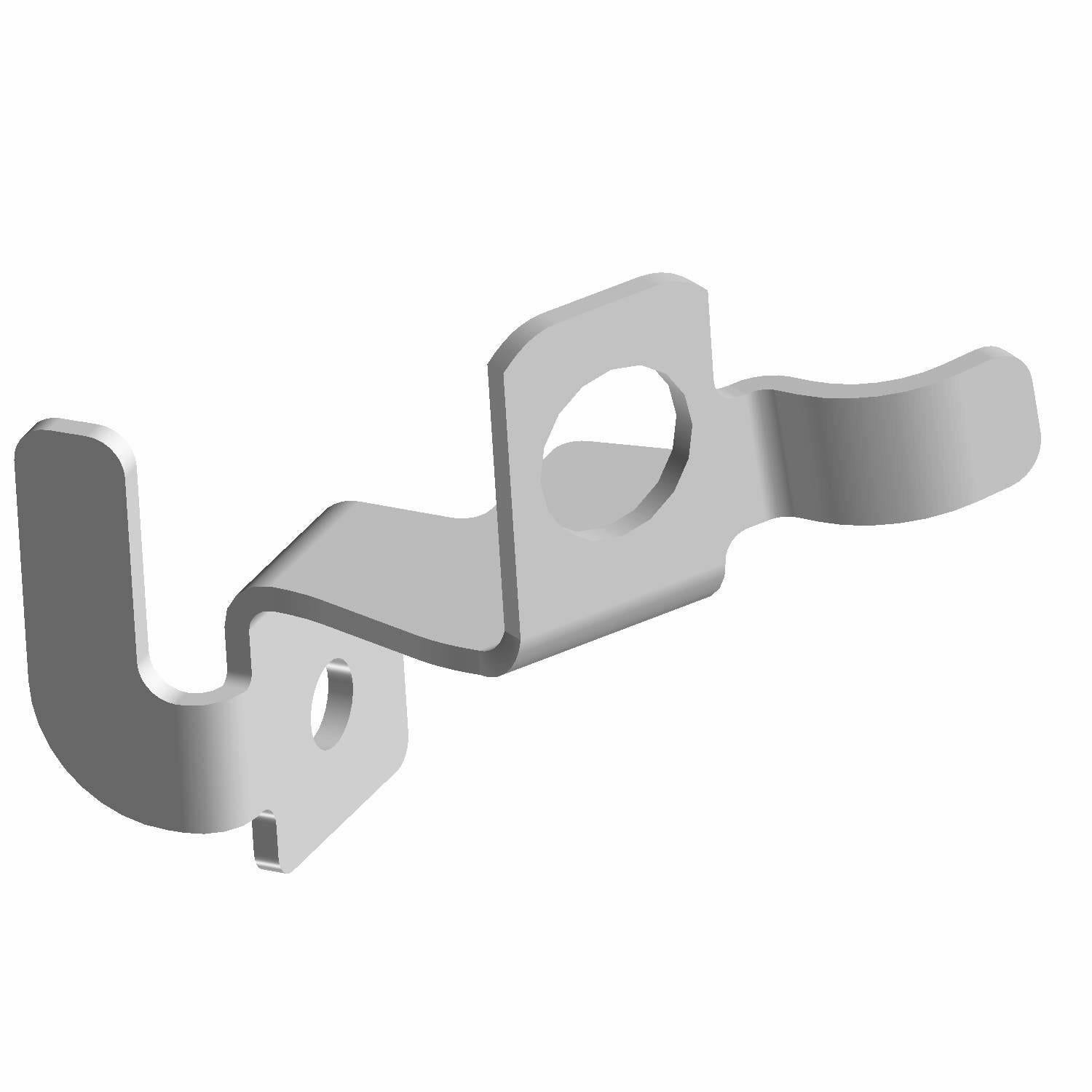 Silver E-coat metal kickstand stop bracket with angled and curved sections and mounting holes.