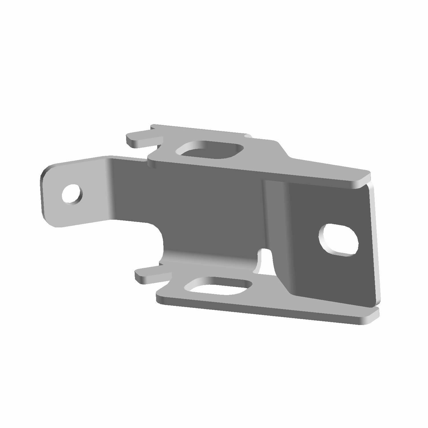 Gray metal rear support bracket with multiple mounting holes and angled design.