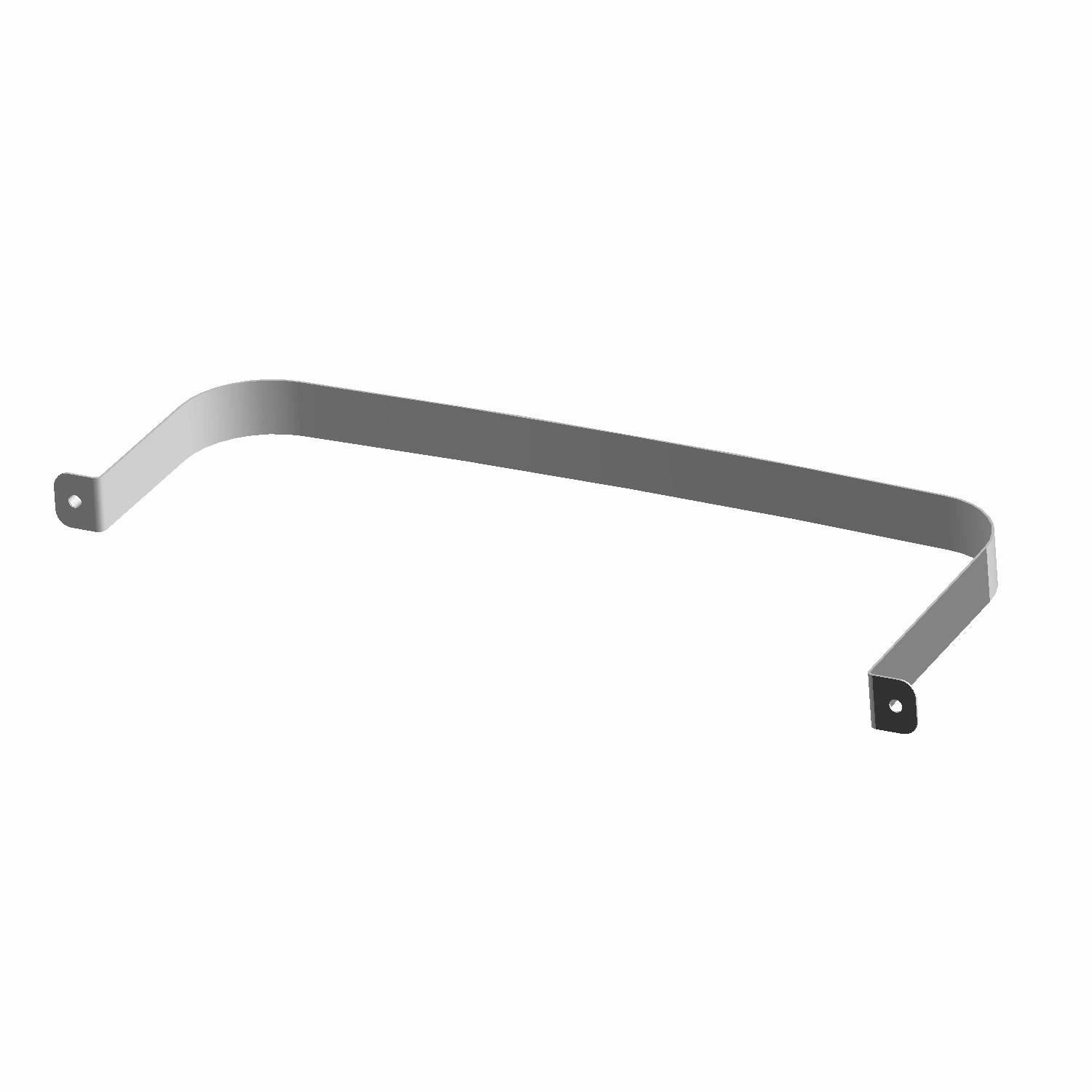 Gray metal strap bracket with flat mounting ends and curved middle section.