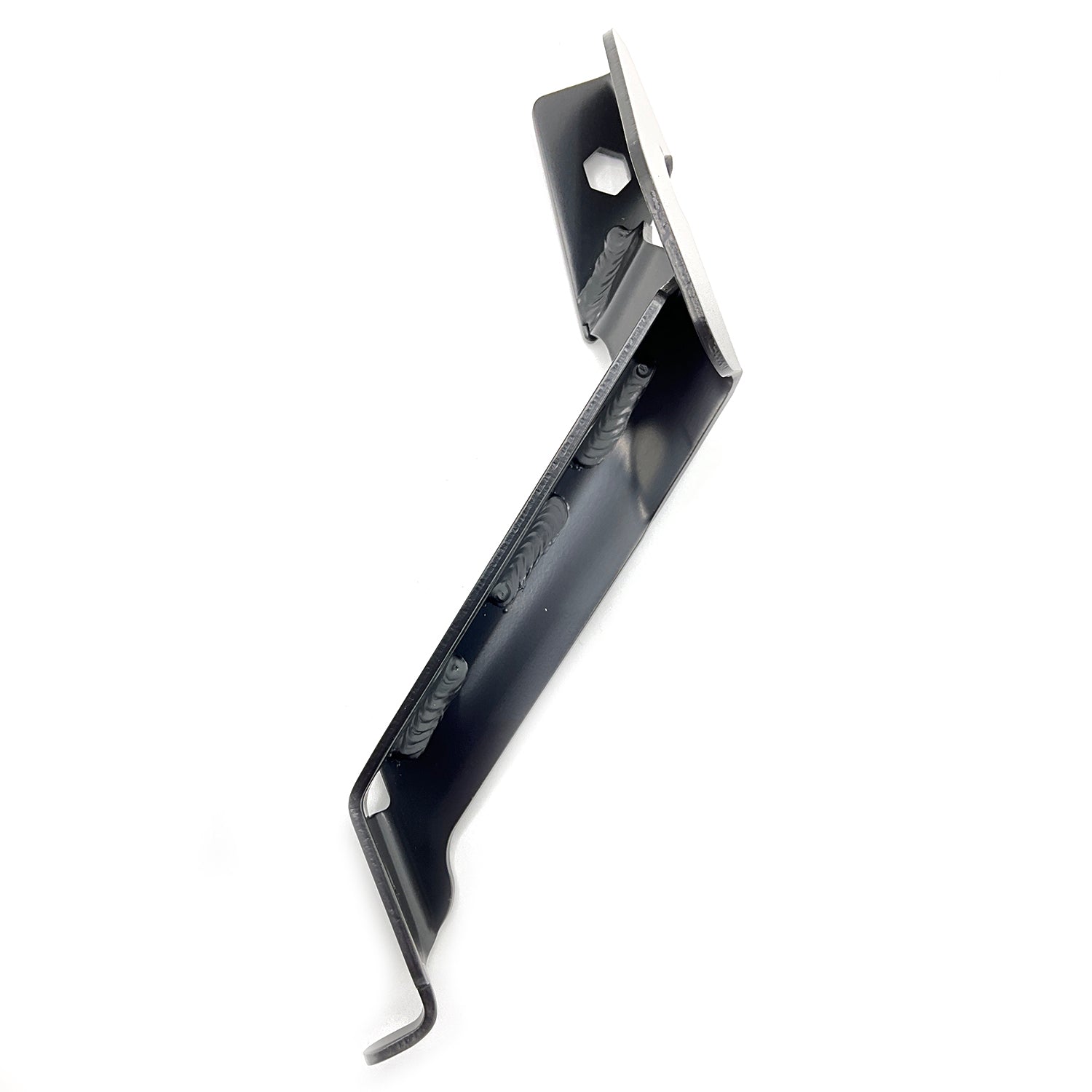 Black and silver metal front bracket mount bumper upper with angled design and mounting holes.