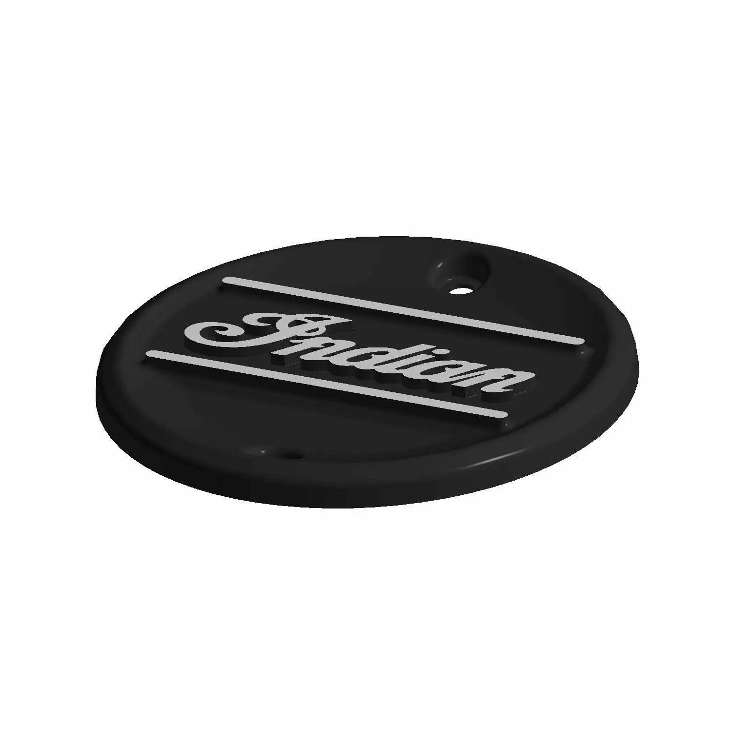 Round black metal derby cover badge with silver Indian script and two parallel horizontal lines.