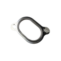 Metal exhaust flange gasket with oval black sealing ring and two silver mounting tabs.