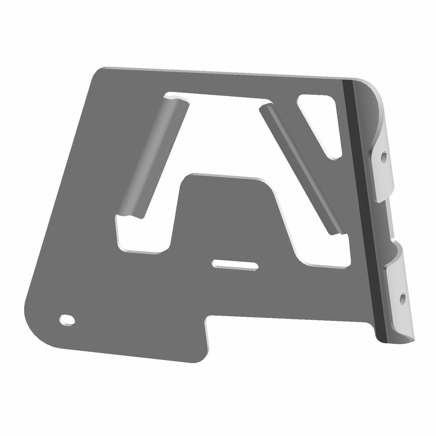 Black metal canister mount bracket with angular cutouts and a compact, sturdy design.