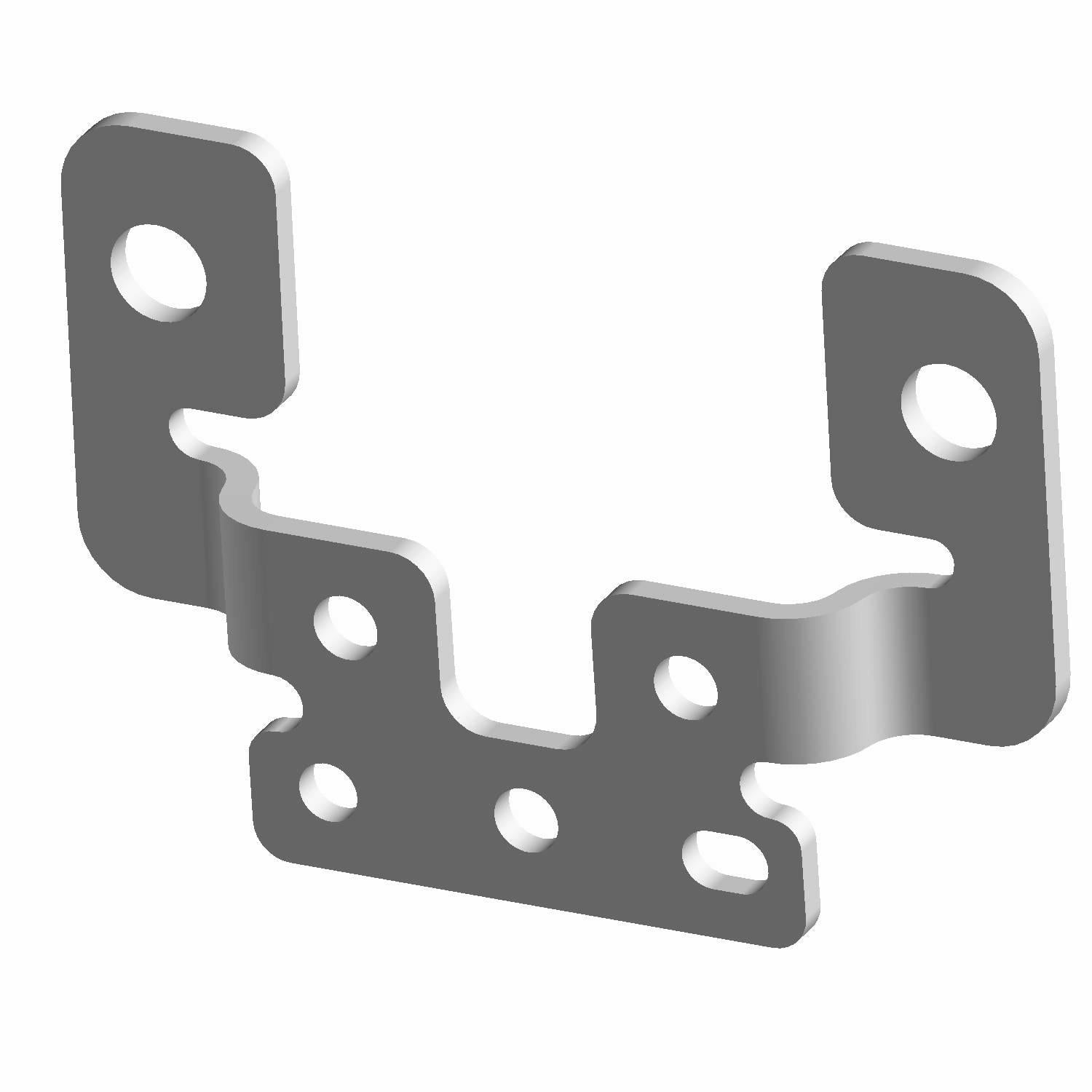 Gray metal center latch bracket with multiple mounting holes and angled side flanges.