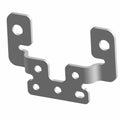 Gray metal center latch bracket with multiple mounting holes and angled side flanges.