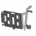 Black metal battery tray bracket with multiple mounting holes and angled support tabs.