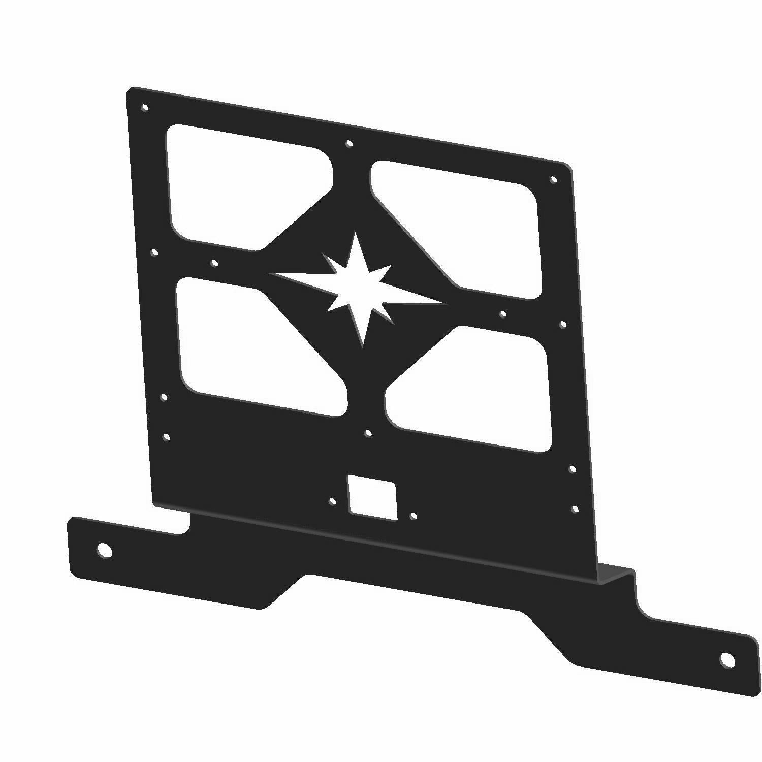 Black metal license plate bracket with a star-shaped cutout and multiple mounting holes.