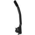 Black metal seat slider lever bracket with ergonomic curved handle and mounting holes.