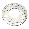 Silver metal brake rotor with multiple evenly spaced circular holes and a central mounting hole.