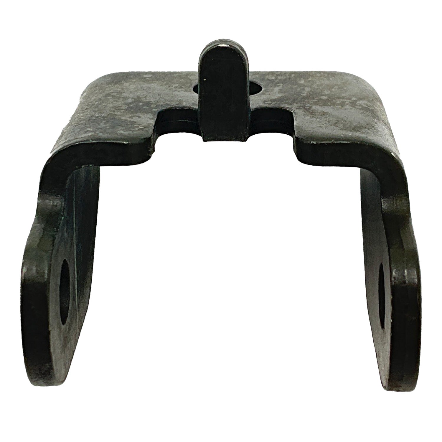 Black metal rear seat frame bracket hinge with mounting holes and a central pivot tab.