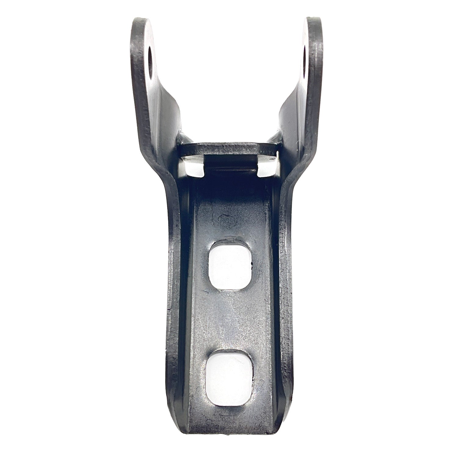 Black metal lower door hinge bracket with two square mounting holes and U-shaped top clamp.