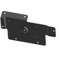 Black metal subwoofer amplifier mounting bracket with multiple screw holes and bent edges.