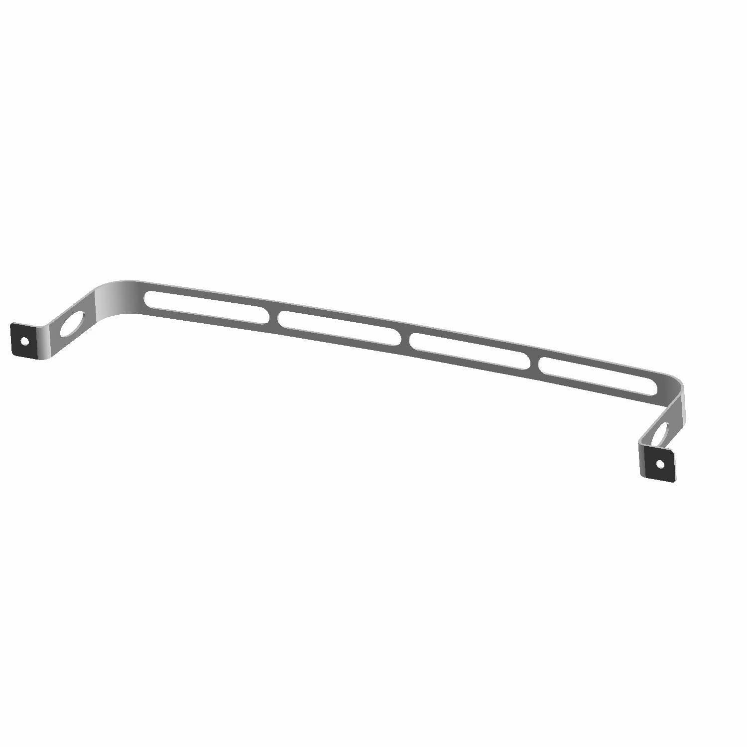 Gray metal strap bracket with elongated cutouts and mounting holes on both ends.
