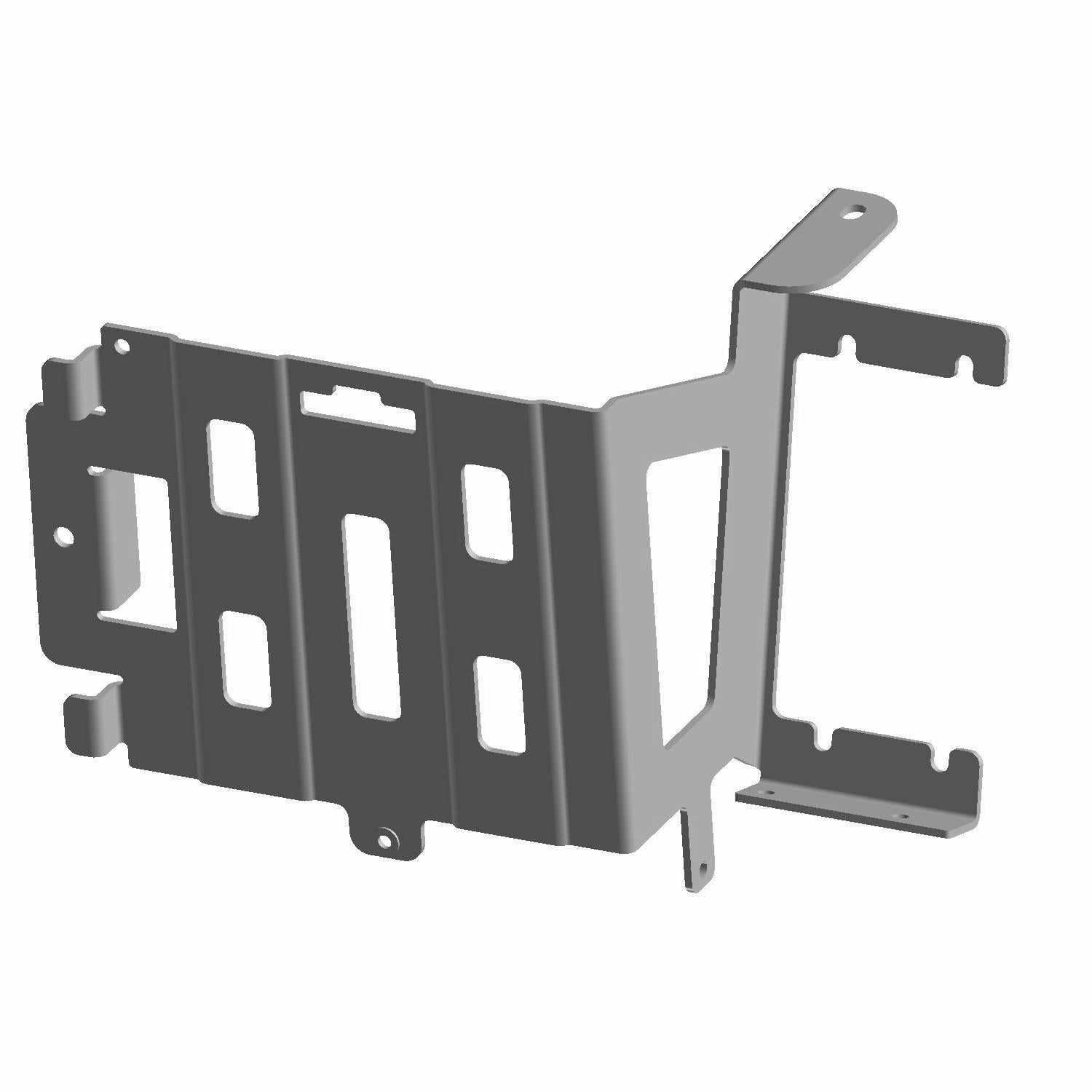 Black metal battery tray bracket with multiple mounting slots and reinforced edges for Polaris Ranger Diesel.