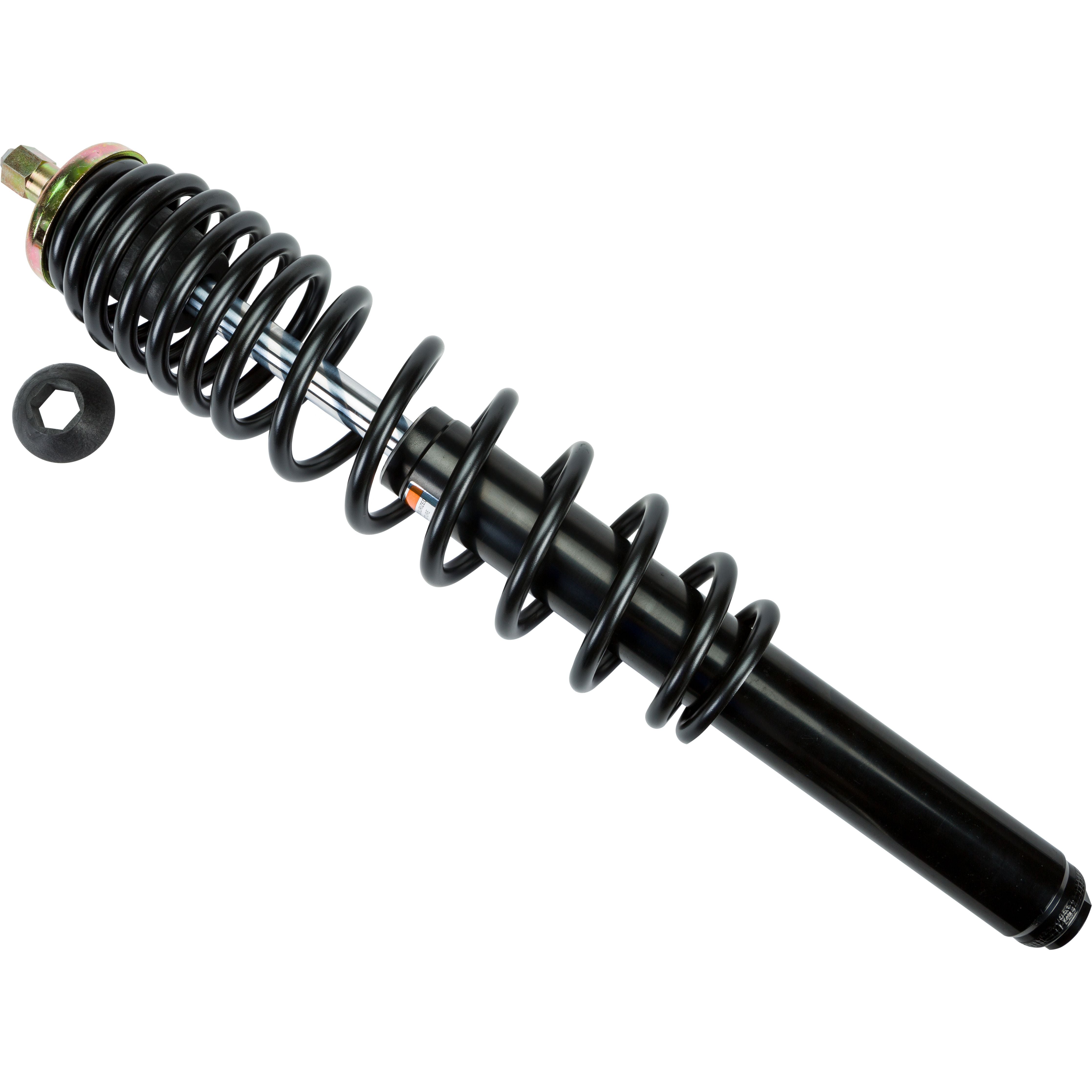 A black Polaris Ranger UTV/ATV Front Gas Shock by Bronco with a coiled spring is shown on a white background, accompanied by a small round rubber piece—ideal for those seeking quality shocks from Witchdoctors.com.