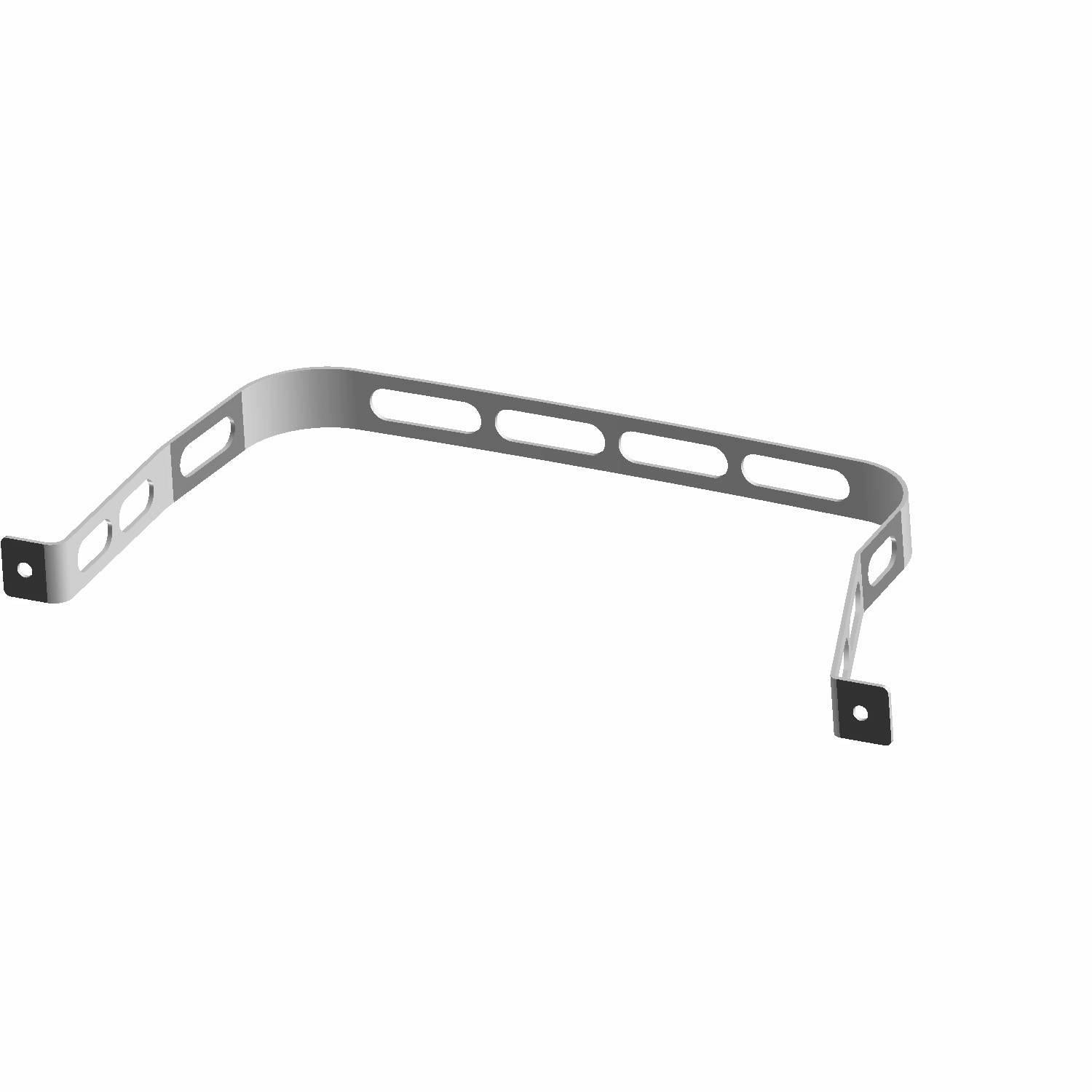 Silver metal strap bracket with elongated oval cutouts and mounting holes on each end.