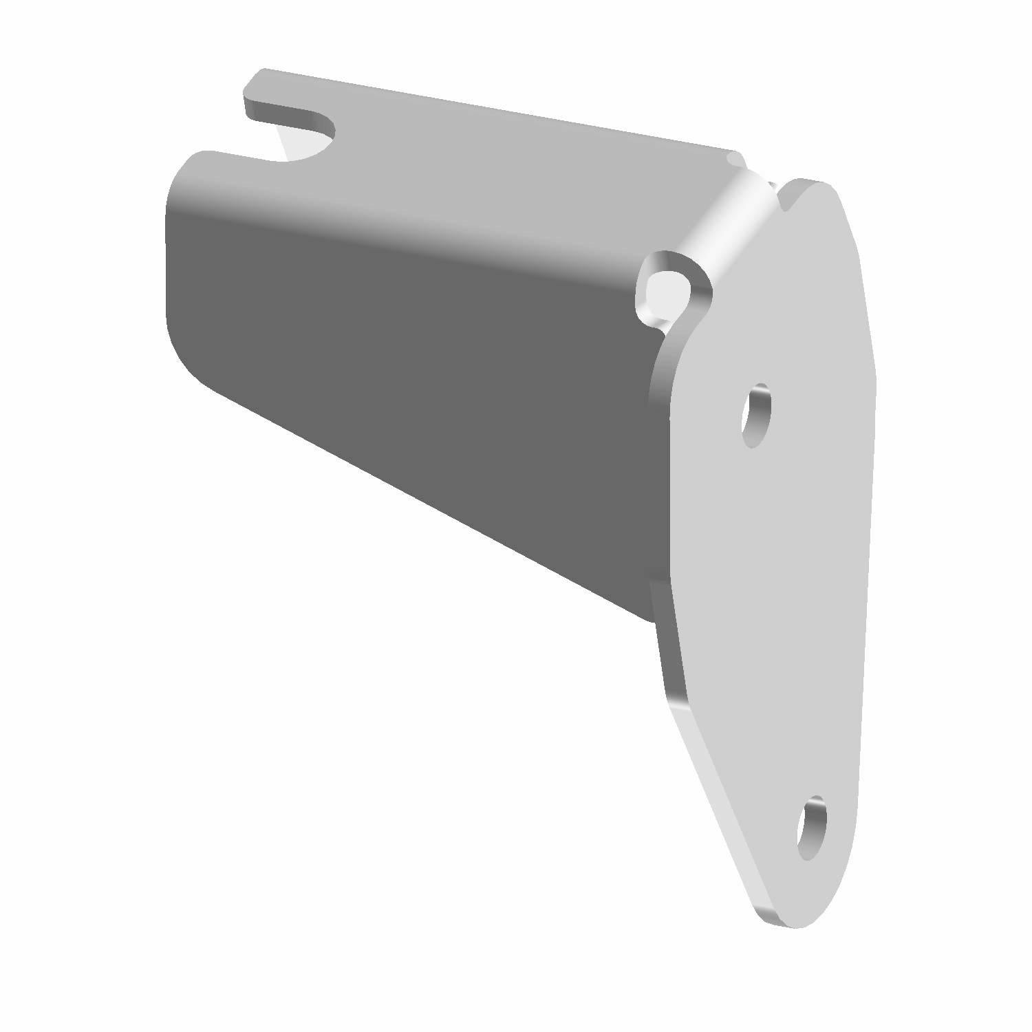 Gray metal shift cable bracket with a flat mounting plate and angled body cutout.