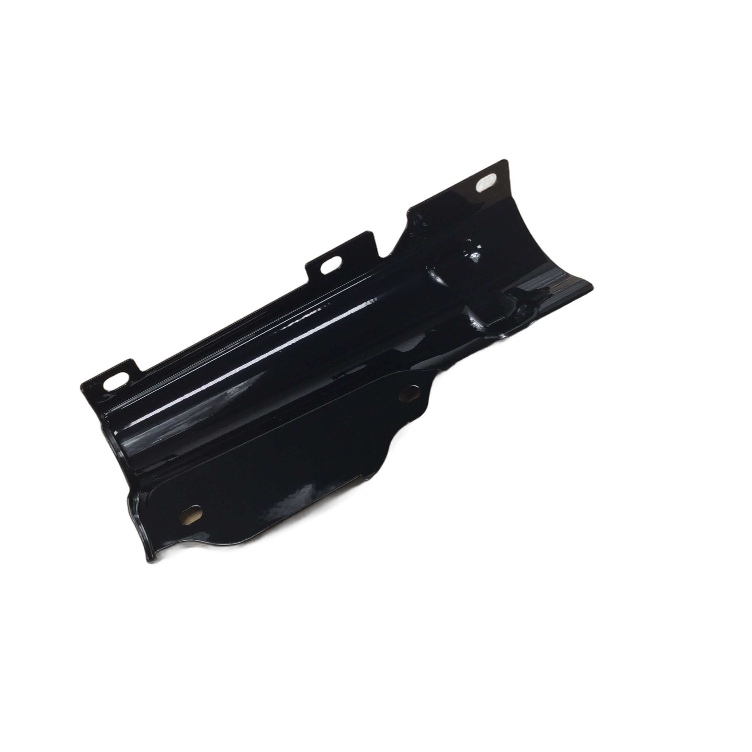 The Cover-Rear Left Hand Side, Black, by Polaris is a glossy black metal bracket with a curved, angled design and multiple mounting holes, compatible with Indian motorcycle models and shown on a white background.