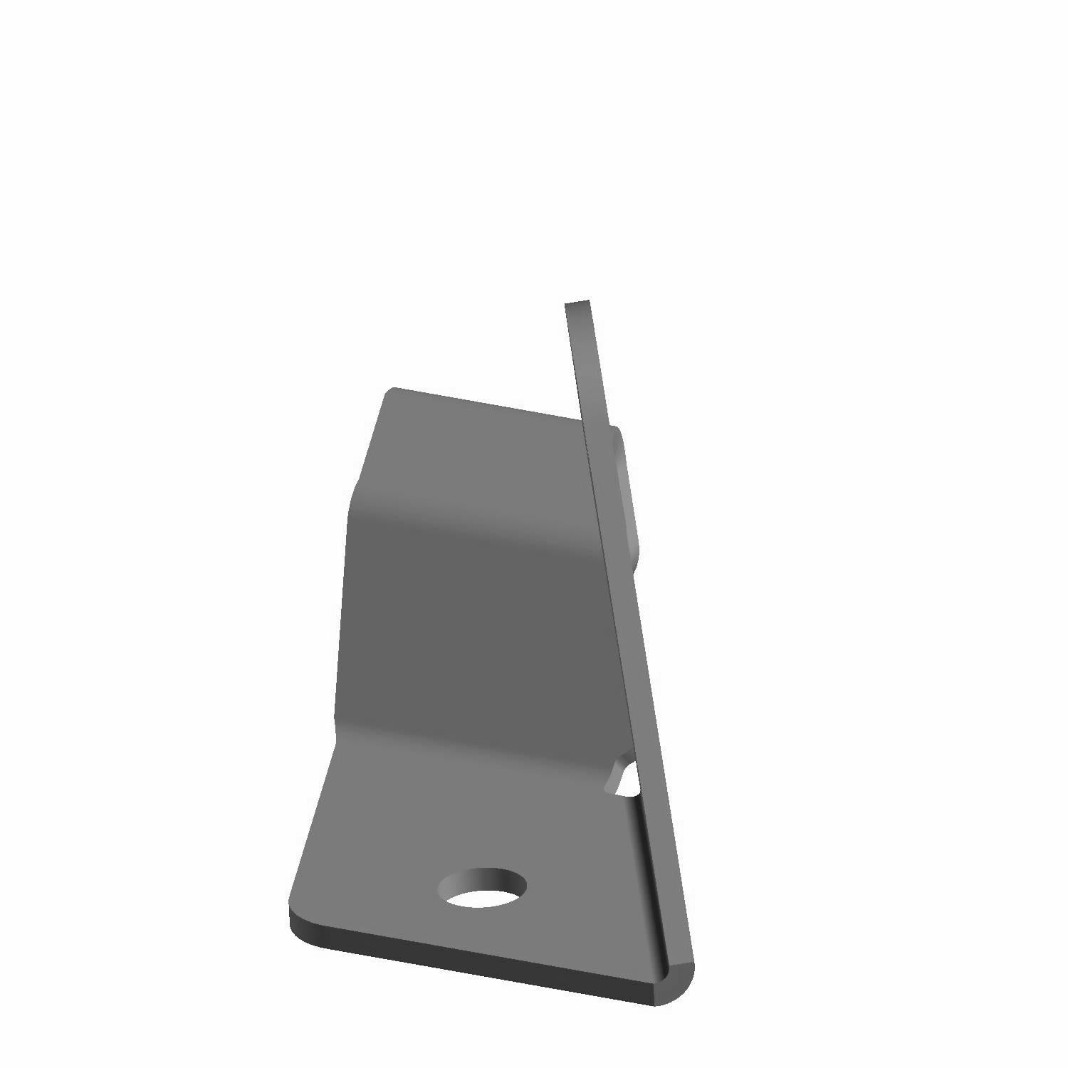 Black metal rear left upper bracket with angled design and a circular mounting hole.
