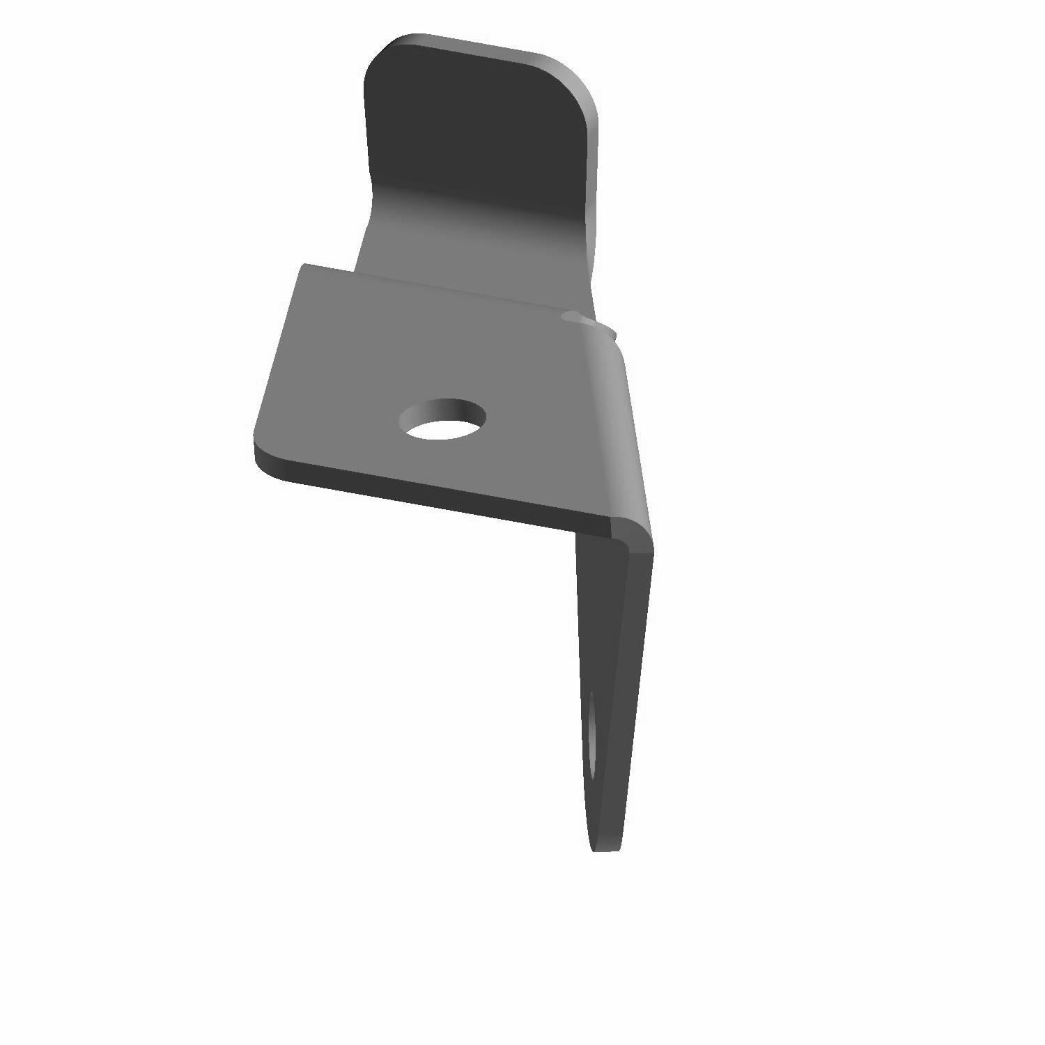 Black metal L-shaped bracket with single mounting hole and raised curved tab.