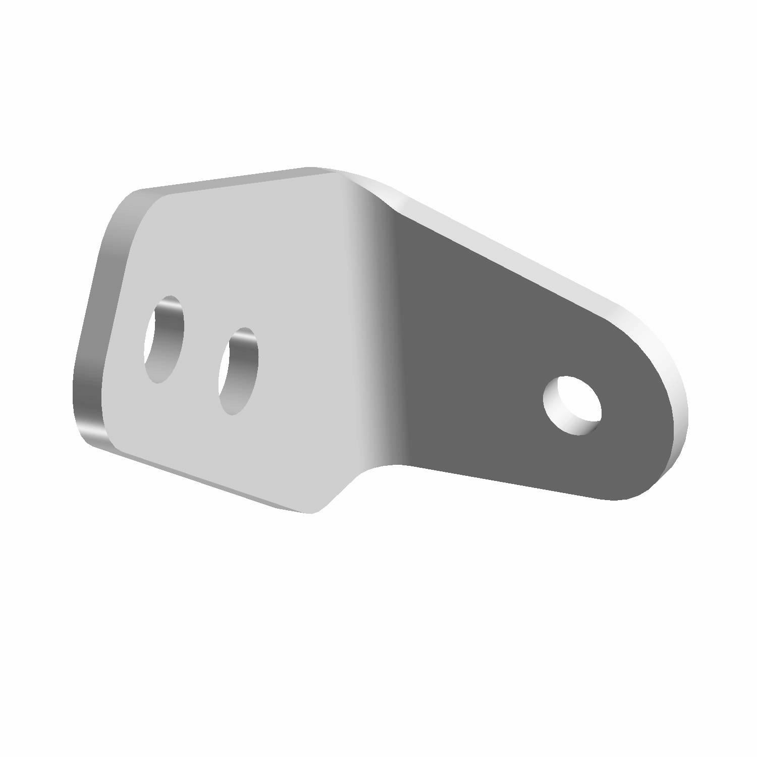 Black metal mirror mount bracket with two round holes on one side and one on the other.