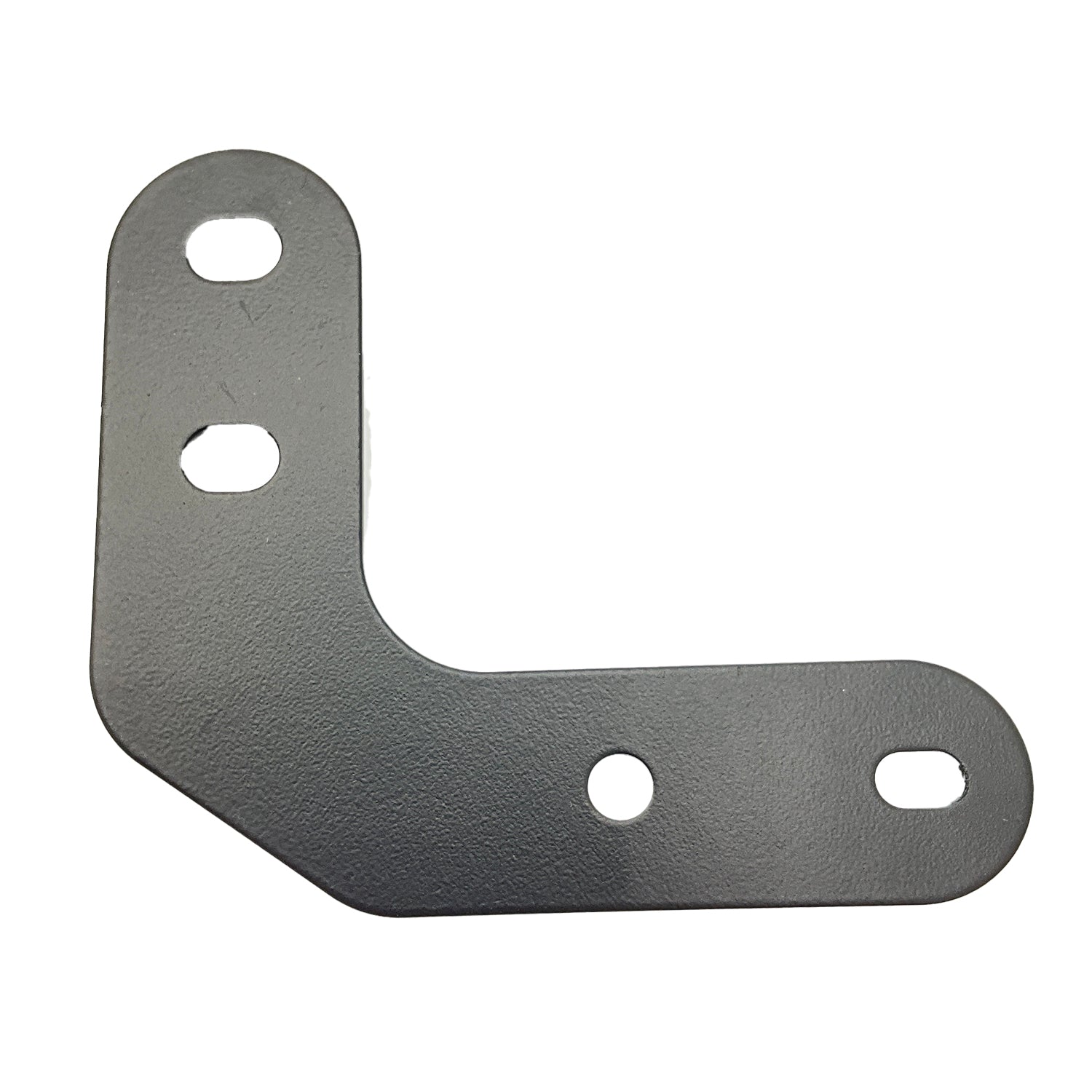 Black L-shaped metal bracket with three oval mounting holes and a textured finish.