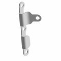 A 3D-rendered Fuel Line Retention Bracket Ecoat by Polaris features two metallic plates with screw holes, linked along a central axis for rotation—designed to match OEM Indian motorcycle parts and ideal for secure fuel line installation.