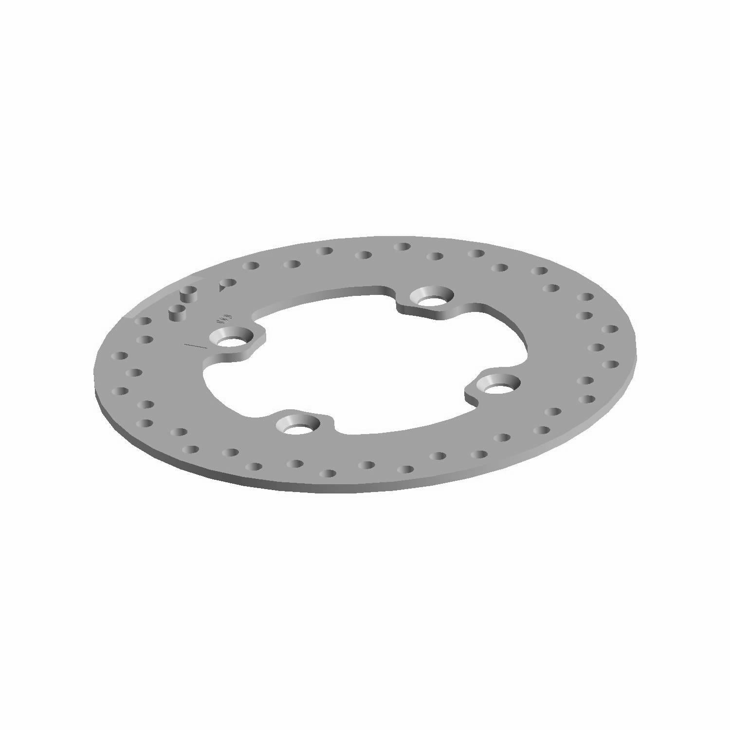 Silver circular brake rotor with perforated surface and four mounting holes.