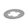 Silver circular brake rotor with perforated surface and four mounting holes.