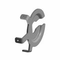 Gray metal retainer spring with curved, stamped design and mounting tabs with hole slots.