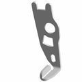 Gray metal latch actuator bracket with multiple cutouts and a hooked end.