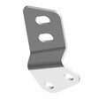 Black metal L-shaped bracket with two oval holes on the vertical side and two round holes on the horizontal side.