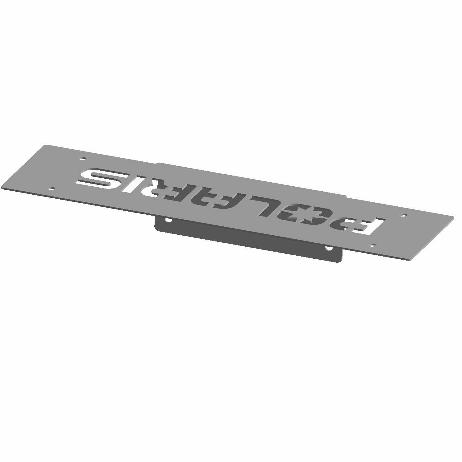 Matte black metal front license plate bracket with cutout Polaris logo and mounting holes.