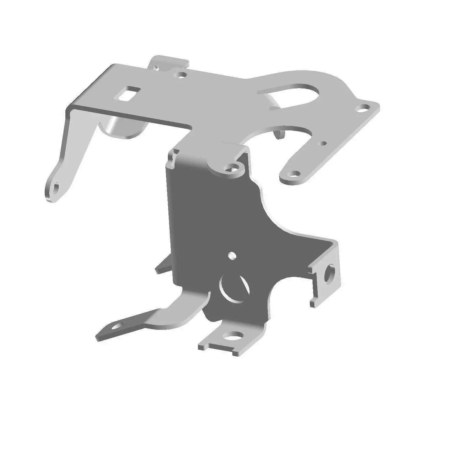 Gray metal ABS bracket with multiple mounting points and curved edges for motorcycle assembly.