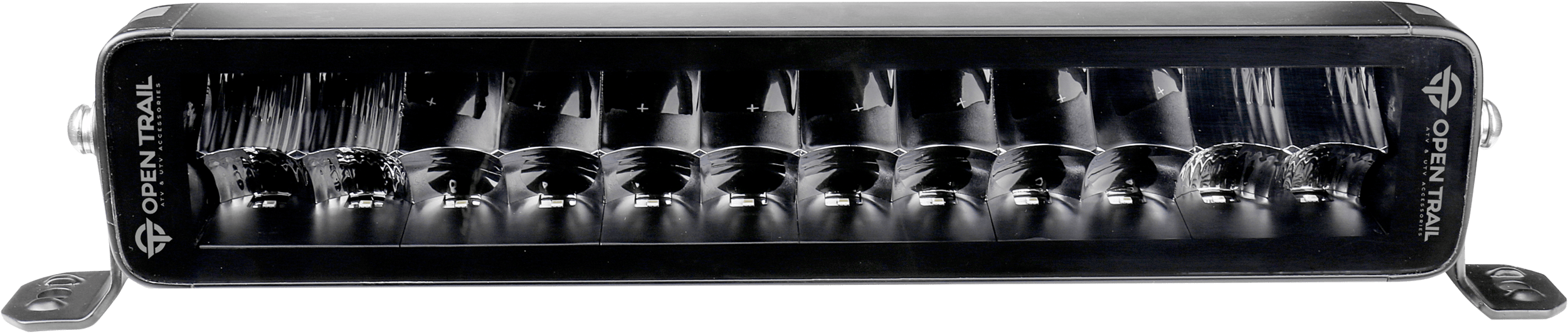 The Stealth Led Light Bar 13 by Open Trail features a black rectangular frame, twelve visible LED bulbs, and a combo beam ideal for offroad driving. It’s mounted on metal brackets with the Open Trail brand marked on the sides.