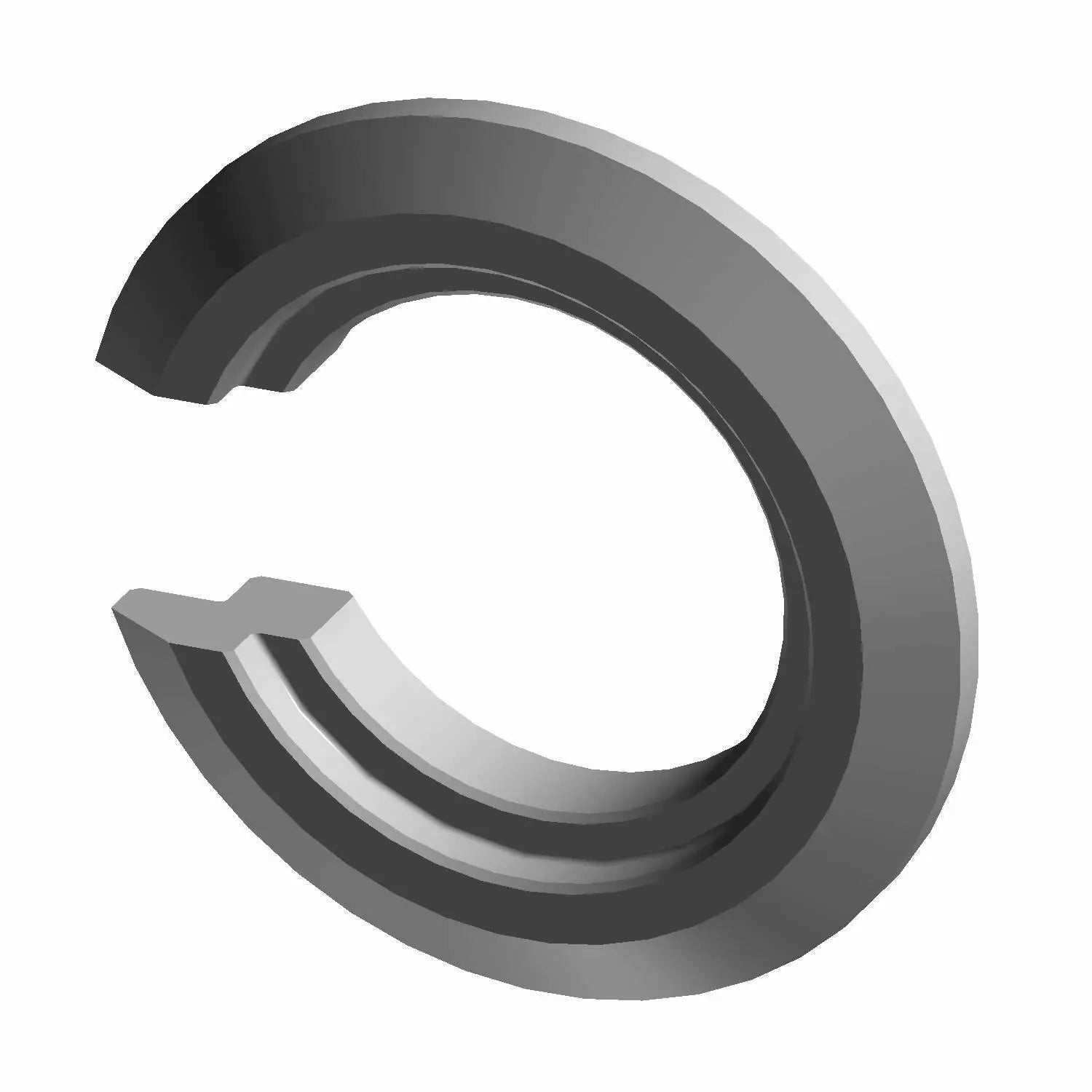 Dark gray metal valve spring retainer clip with a C-shaped, notched design.